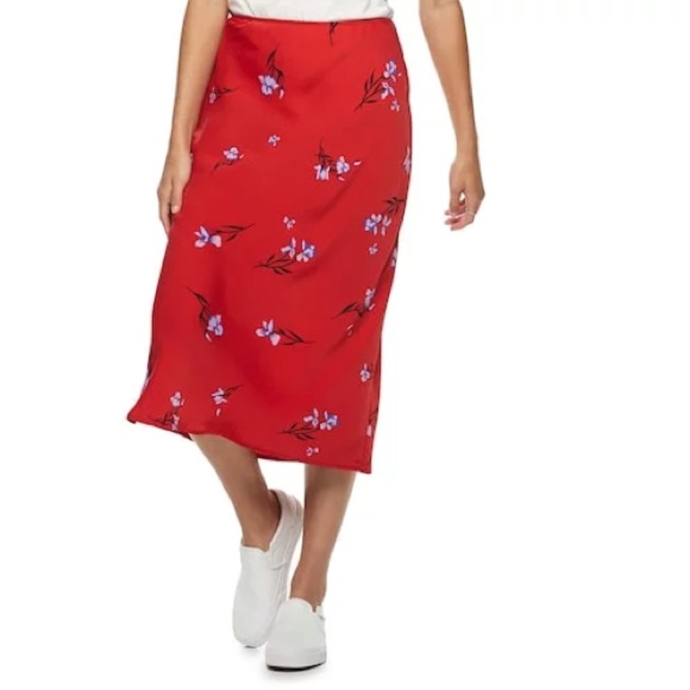 POPSUGAR Vibrant Red Midi Skirt with Floral Accents